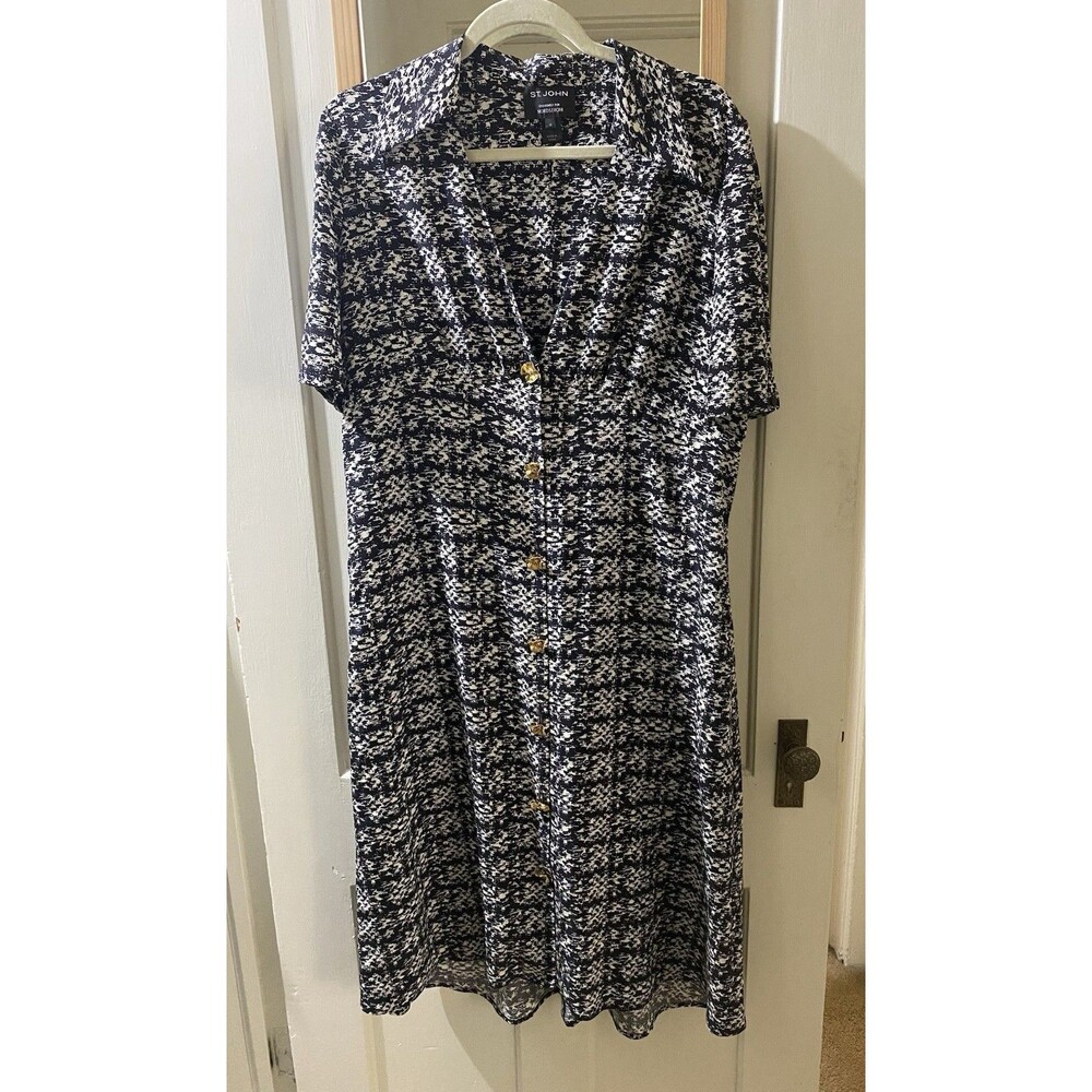 St. John Collection 100% Silk Tweed Print Midi Dress Quiet Luxury Women’s 12 - Picture 2 of 14